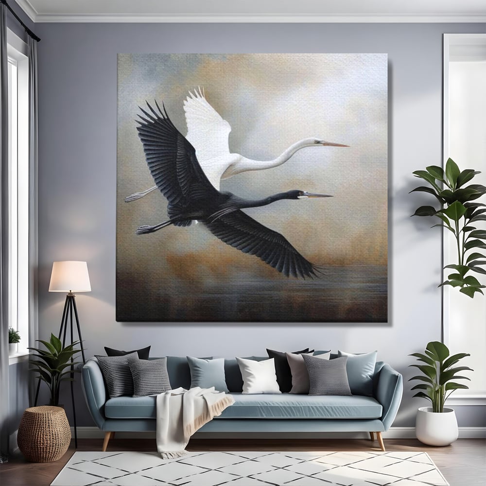 Tablou canvas cu tablou canvas cu doua pasari in zbor, fara rama, pe sasiu de lemn, pe perete intr-un living